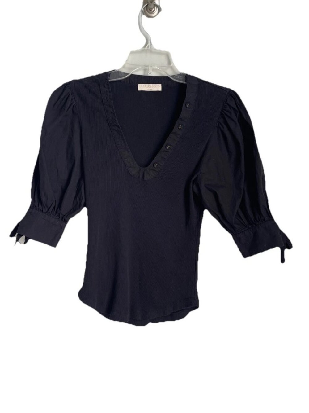 Ulla Johnson Black Pia Ribbed Cotton Poplin Sleeve Top V Neck